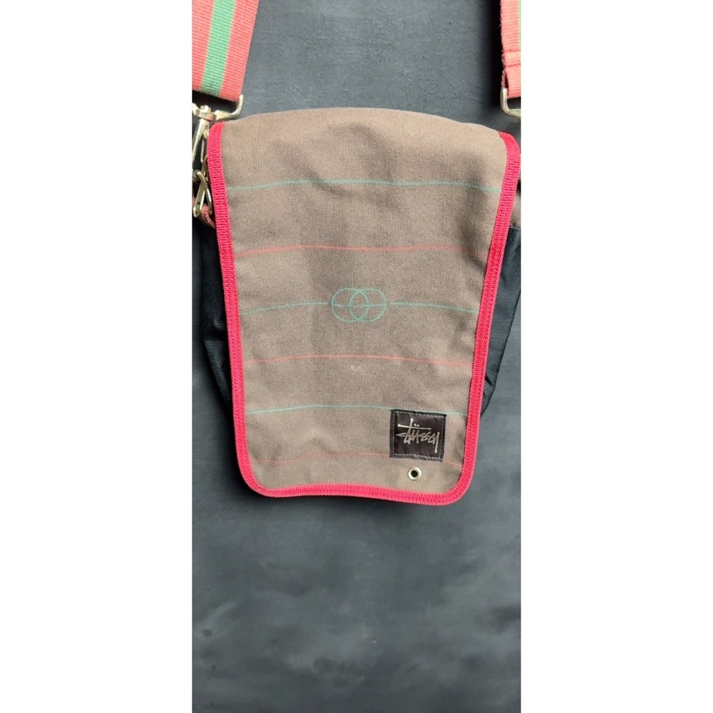 Stussy Canvas Shoulder Bag Brown Red Green Stripe Crossbody Streetwear Vintage